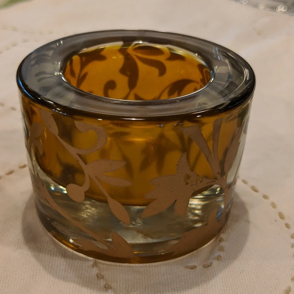 Candle Tealight Holder Set Zodax Gold Amber Floral Vines Round Heavy Glass
